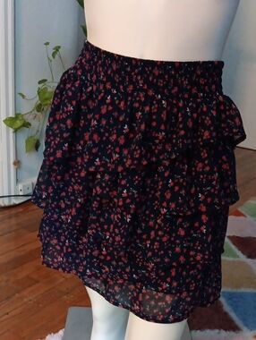 Maurices Navy and Red Tiered Ruffle Mini Skirt woth Floral Print